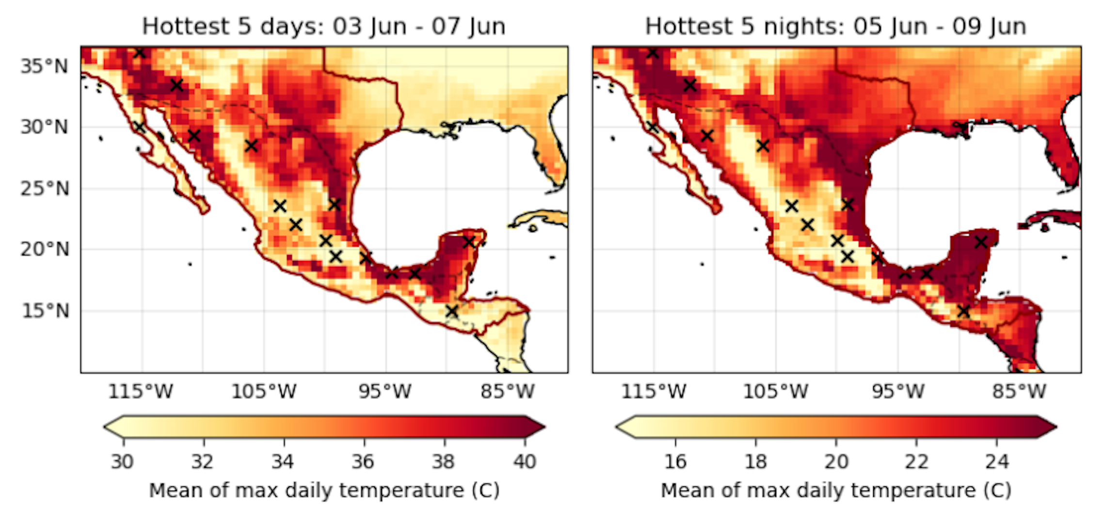 Map showing hottest 5-day period for maximum daytime temperatures (left) and maximum nighttime temperatures (right) in Mexico for 3 June 2024 - 9 June 2024. The thick black contour shows the study region. Black crosses show the locations where impacts or temperature records have been reported. Data: ERA5. Graphic: World Weather Attribution