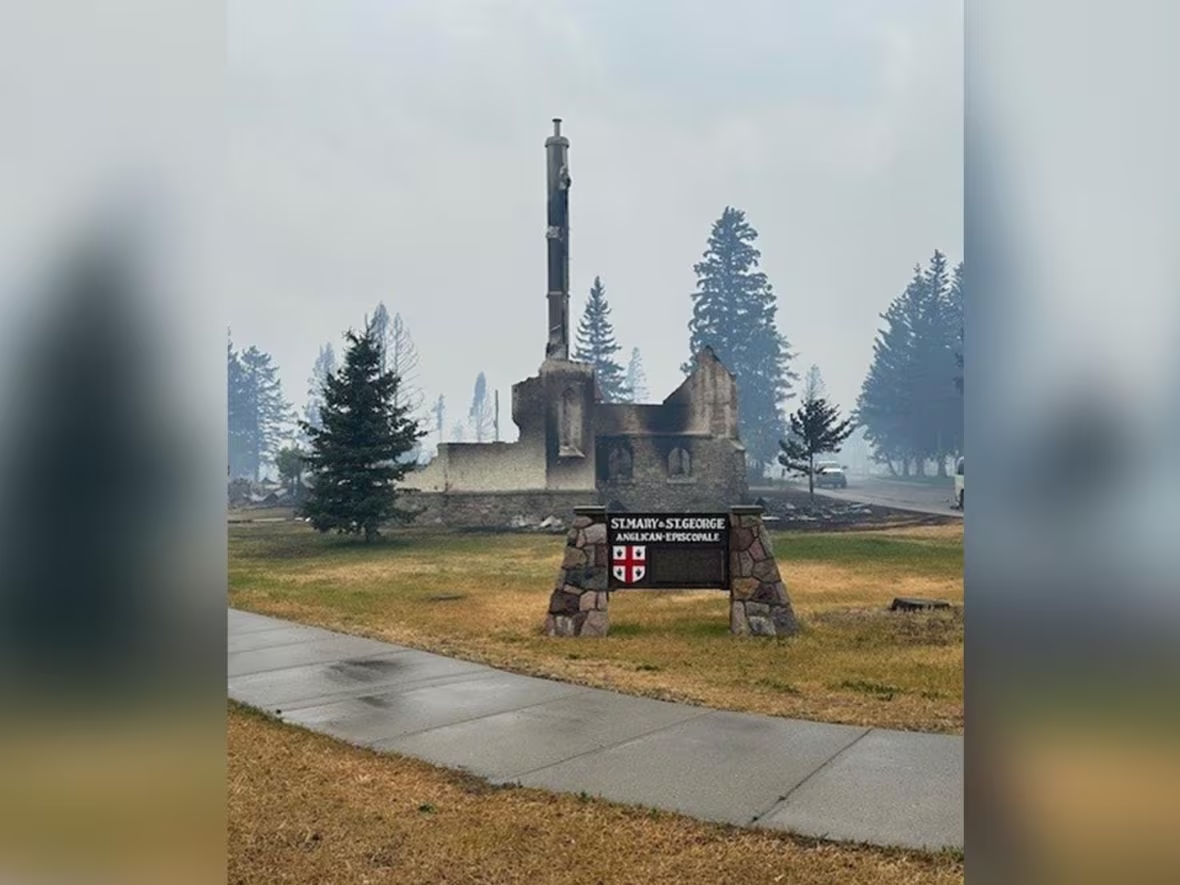 The incinerated remains of St. Mary and St. George Anglican Church in Jasper, Alberta, Canada is pictured, in a posting on Woodlands County’s Facebook page on Thursday, 25 July 2024. Photo: Woodlands County / Facebook