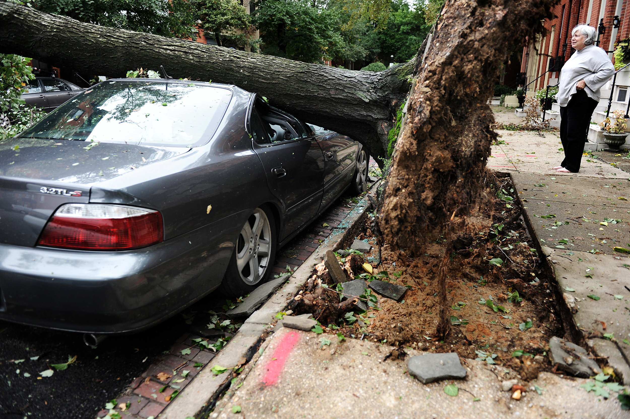 Neighbors look at a car crushed by a large tree in the wake of Hurricane Irene on 28 August 2011 in Baltimore, Maryland. Photo: Patrick Smith / Getty Images