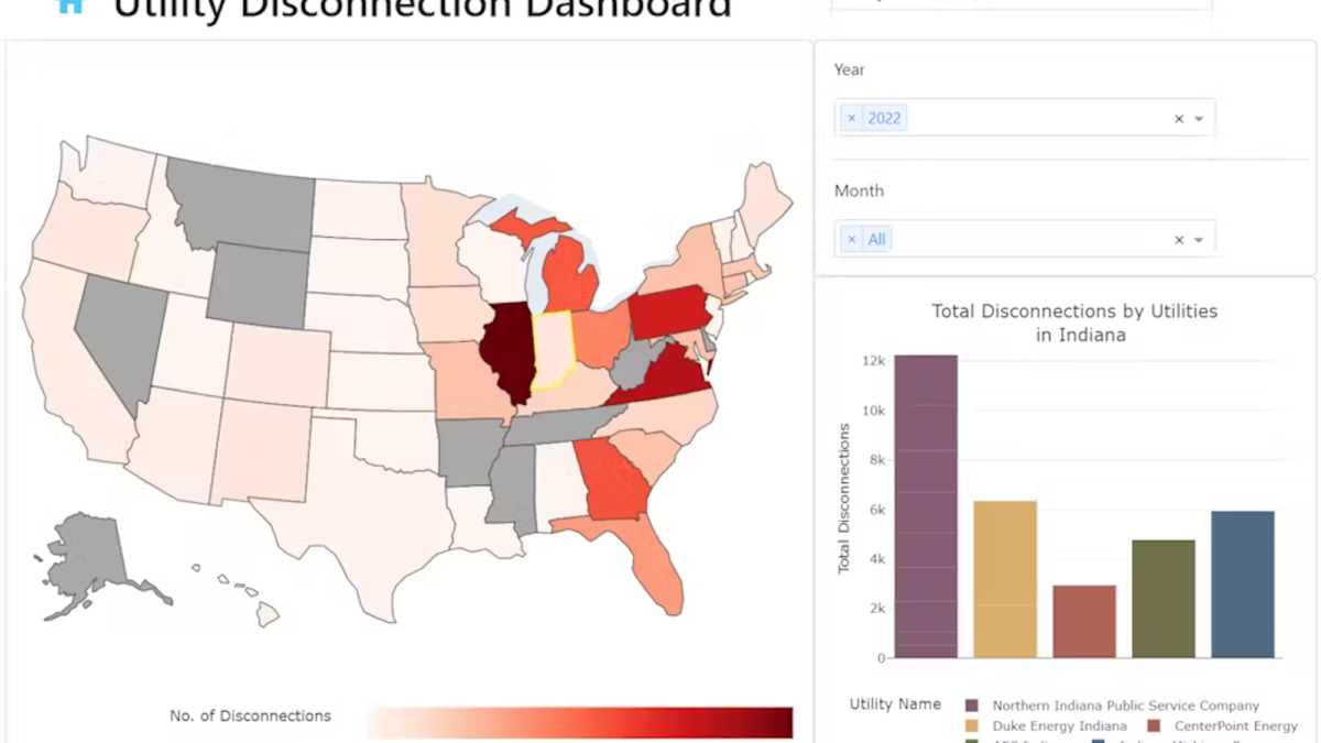 The Utility Disconnections Dashboard shows the number and rate of disconnections by utility in each U.S. state. Indiana has the highest disconnection rate. Places with particularly high disconnection rates include Alabama, where the city of Dothan’s municipal utility has disconnected an average of 5 percent of its customers, and Florida, where the city of Tallahassee has a disconnection rate of more than 4 percent. Large investor-owned utilities in Florida, Georgia, South Carolina, and Indiana also top the charts in disconnections, with average rates near 1 percent. Graphic: Energy Justice Lab / CC BY-ND