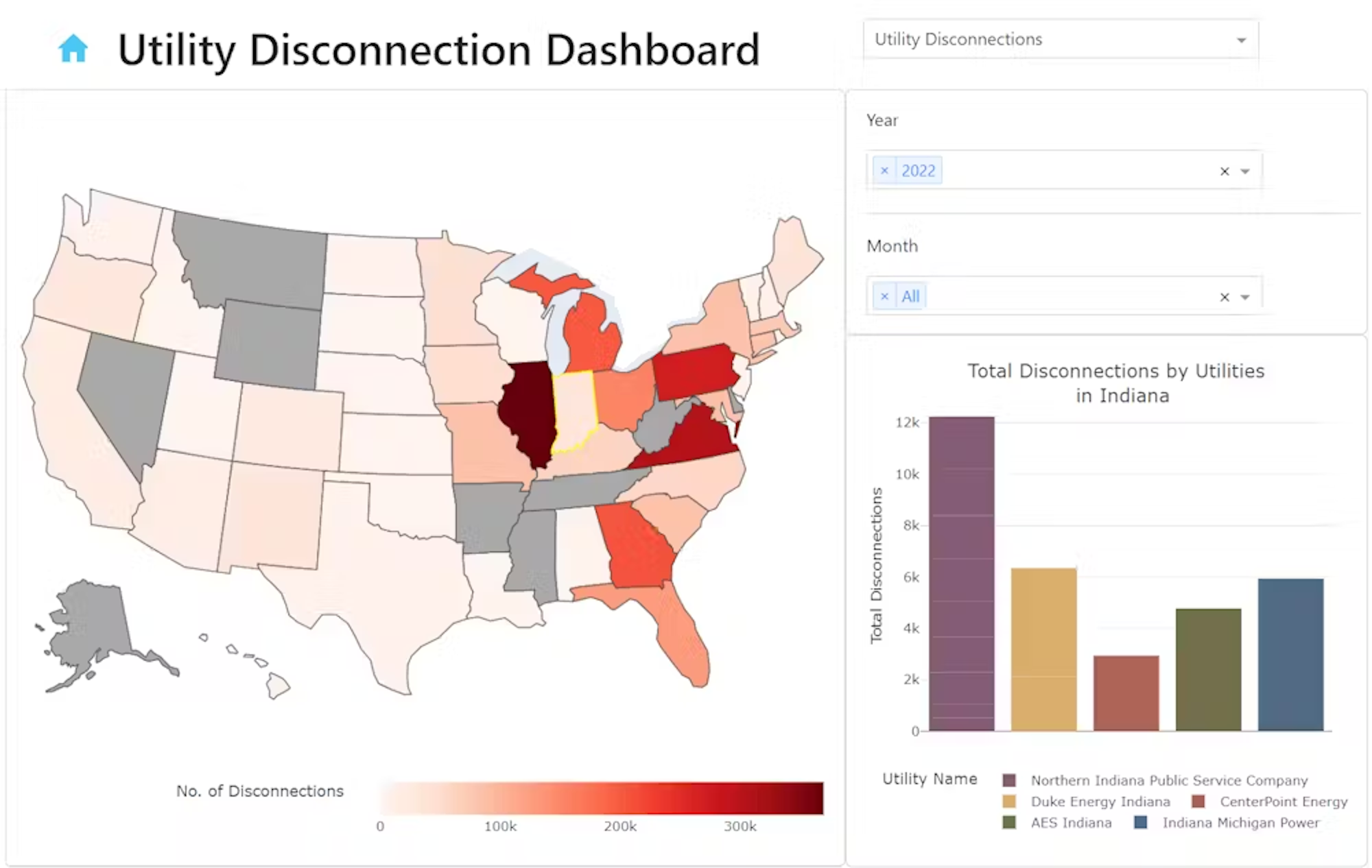 The Utility Disconnections Dashboard shows the number and rate of disconnections by utility in each U.S. state. Illinois has the highest disconnection rate. Places with particularly high disconnection rates include Alabama, where the city of Dothan’s municipal utility has disconnected an average of 5 percent of its customers, and Florida, where the city of Tallahassee has a disconnection rate of more than 4 percent. Large investor-owned utilities in Florida, Georgia, South Carolina, and Indiana also top the charts in disconnections, with average rates near 1 percent. Graphic: Energy Justice Lab / CC BY-ND