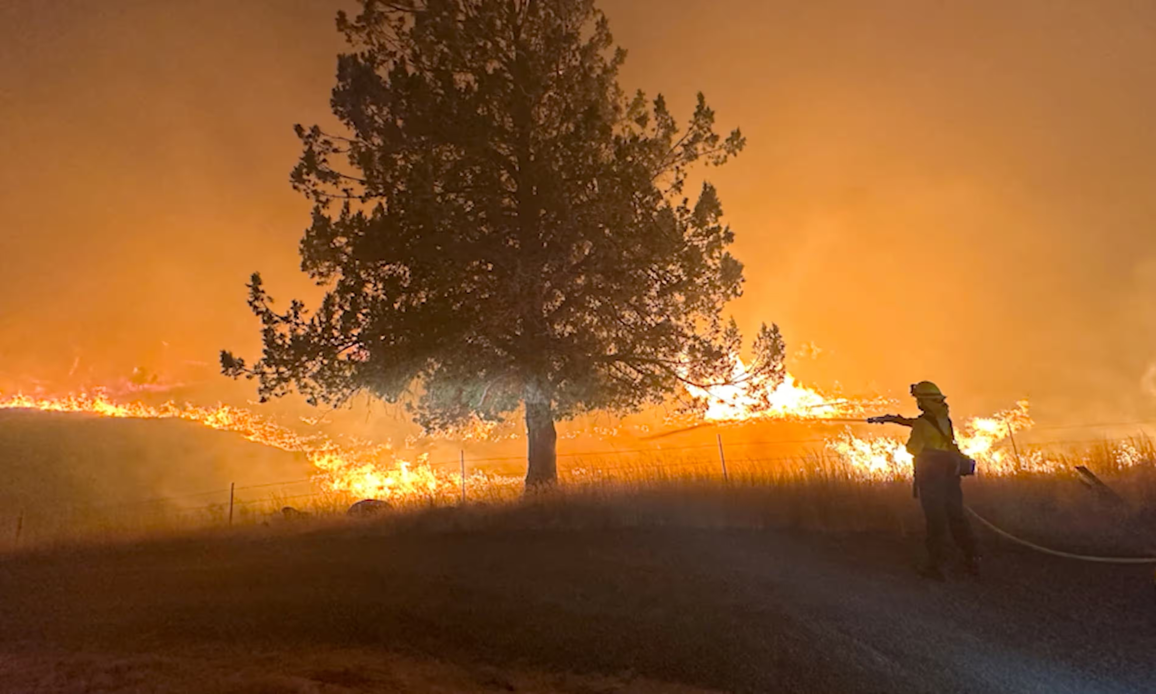 A firefighter works to extinguish the Lone Rock fire burning in Spray, Oregon, on 21 July 2024. Photo: Oregon State Fire Marshal / Reuters