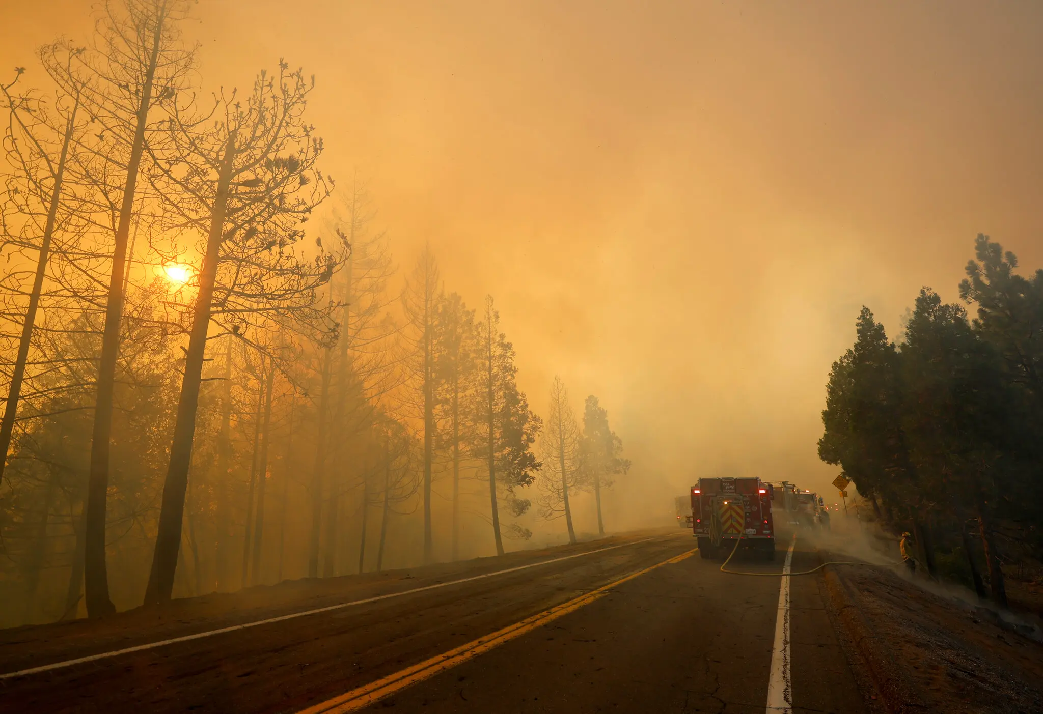 Fire trucks on Highway 32 on Friday, 26 July 2024 as the Park Fire continues to grow near Chico, California. Photo: Daniel Dreifuss / The New York Times