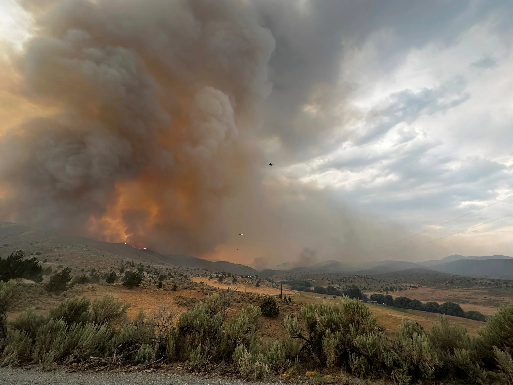 Plumes of smoke rise over rolling fields in eastern Oregon in July 2024. Photo: Brett Brown / U.S. Department of Agriculture Forest Service / Associated Press