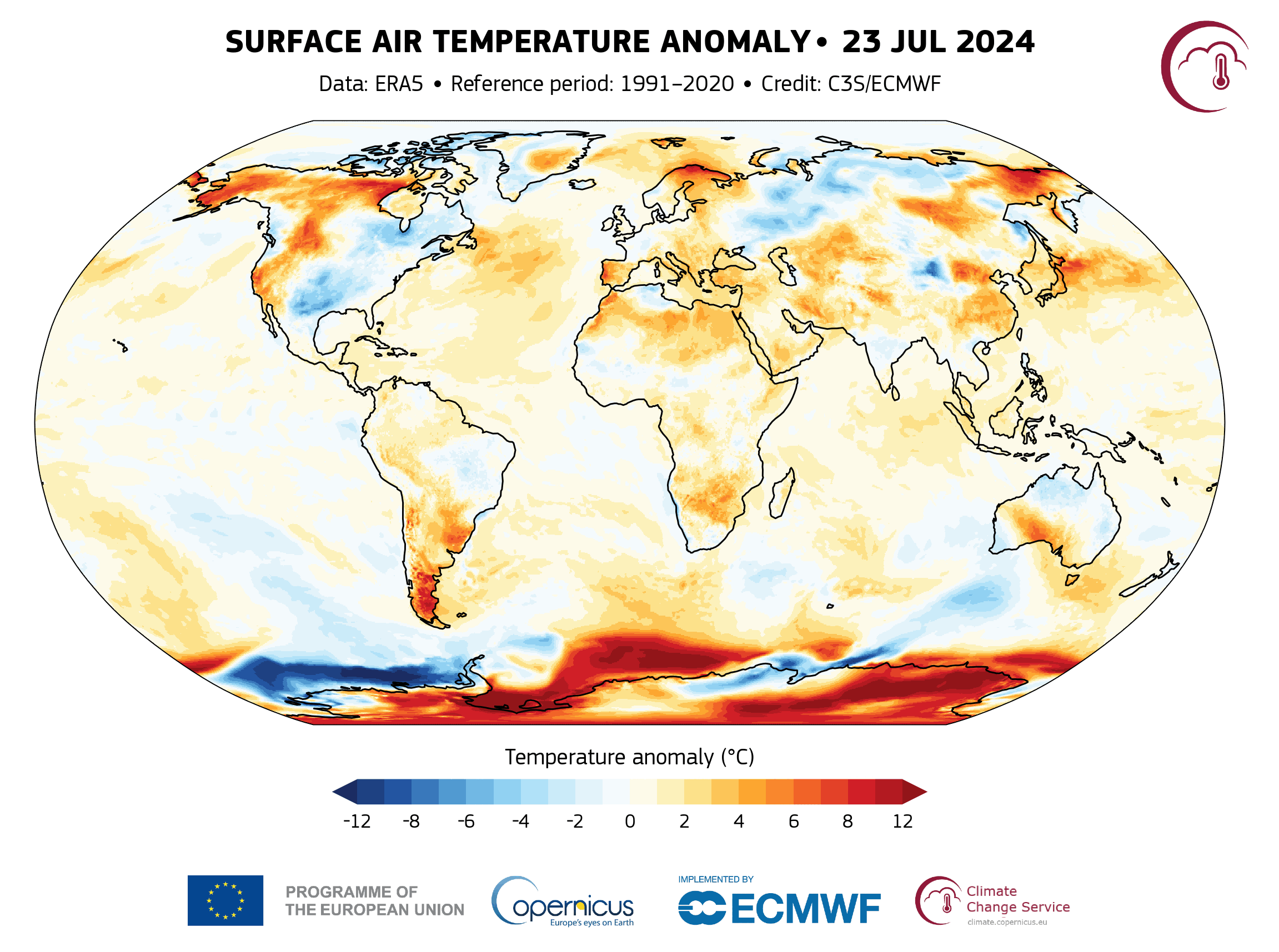 Map showing surface air temperature anomalies on 23 July 2024, relative to the average for the 1991-2020 reference period. Data: ERA5 via Climate Pulse. Graphic: C3S / ECMWF