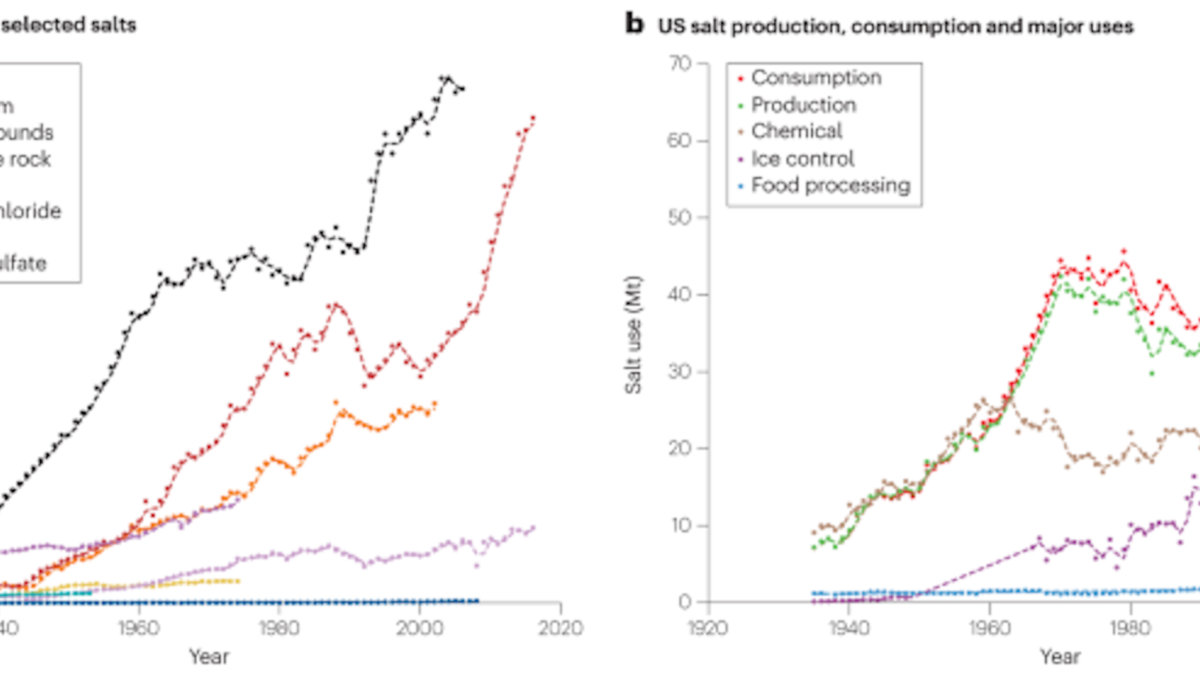 Production of selected salts in Mt/year for (a) the world and (b) the United States. Graphic: Graphic: Kaushal, et al., 2023 / Nature Reviews Earth and Environment