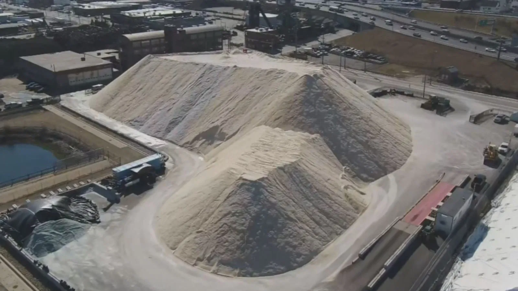 Aerial view of a salt pile on Allens Avenue in Providence, Rhode Island in February 2020. The pile is more than 60 feet high. Photo: WJAR