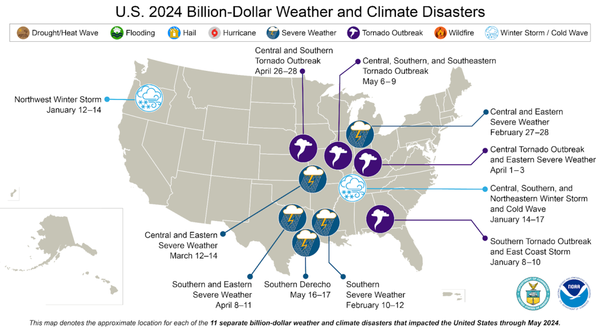 Map of the U.S. showing 11 weather and climate disasters each costing $1 billion or more that occurred between January and May, 2024. Graphic: NOAA / NCEI