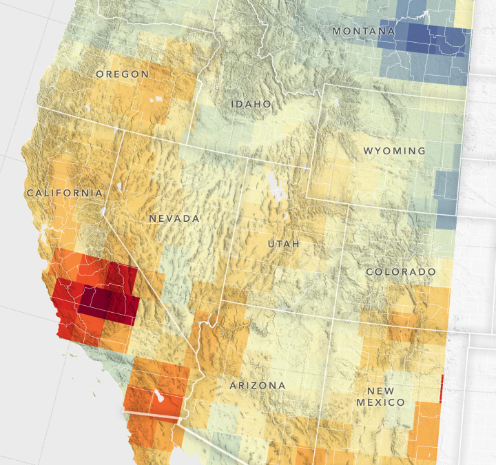 Map showing reduction of stored groundwater in the U.S. Southwest, April 2002 - September 2023. Gravity measurements from the GRACE series of satellites show that the decline in water levels in the Great Basin region from April 2002 to September 2023 has most severely affected portions of southern California (indicated in red). Record snowfall in recent years has not been enough to offset long-term drying conditions and increasing groundwater demands in the U.S. Southwest. Graphic: Hall, et al., 2024 / Geophysical Research Letters