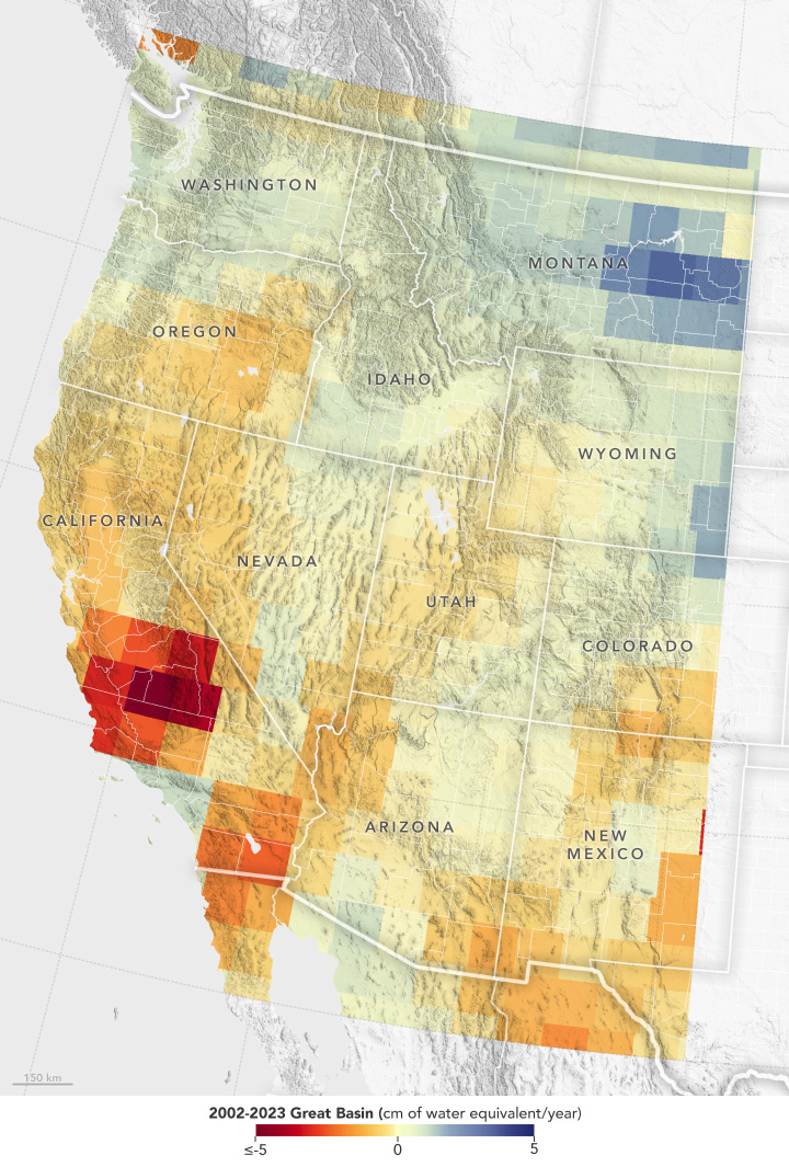 Map showing reduction of stored groundwater in the U.S. Southwest, April 2002 - September 2023. Gravity measurements from the GRACE series of satellites show that the decline in water levels in the Great Basin region from April 2002 to September 2023 has most severely affected portions of southern California (indicated in red). Record snowfall in recent years has not been enough to offset long-term drying conditions and increasing groundwater demands in the U.S. Southwest. Graphic: Hall, et al., 2024 / Geophysical Research Letters