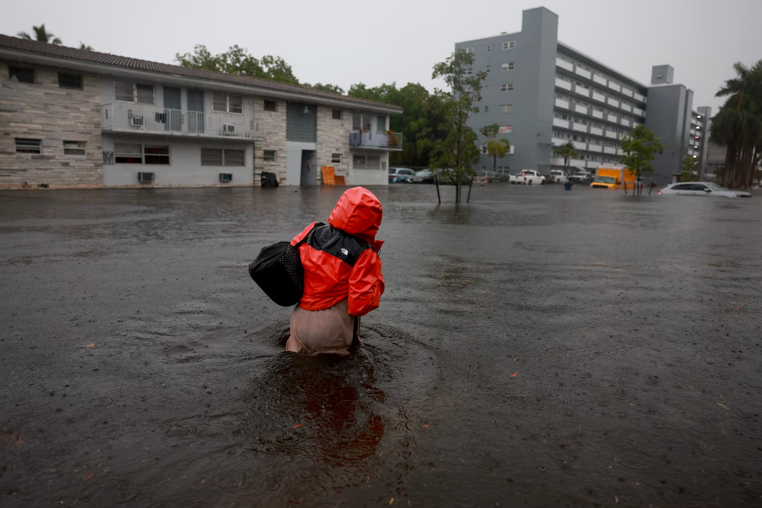 A person wades through hip-deep water on a flooded street, 12 June 2024, in Hollywood, Florida. Photo: Joe Raedle / Getty Images