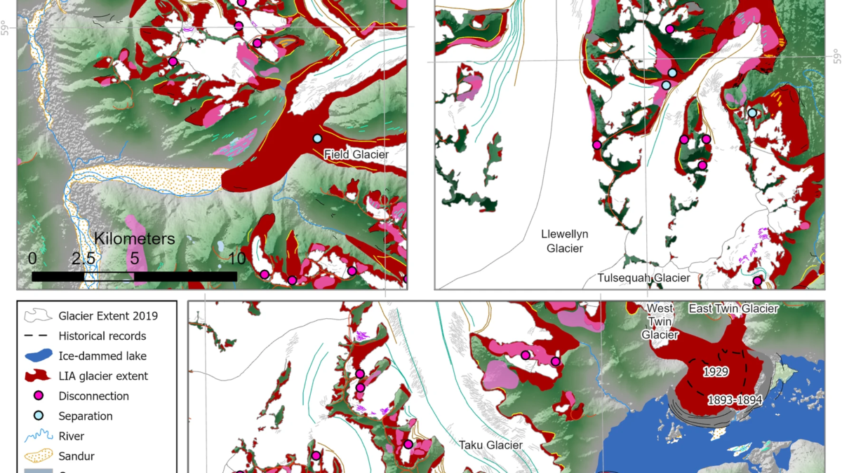 Map showing geomorphological data and icefield reconstruction of the Juneau Icefield for the “Little Ice Age” (LIA) maximum. Graphic: Davies, et al., 2024 / Nature Communications