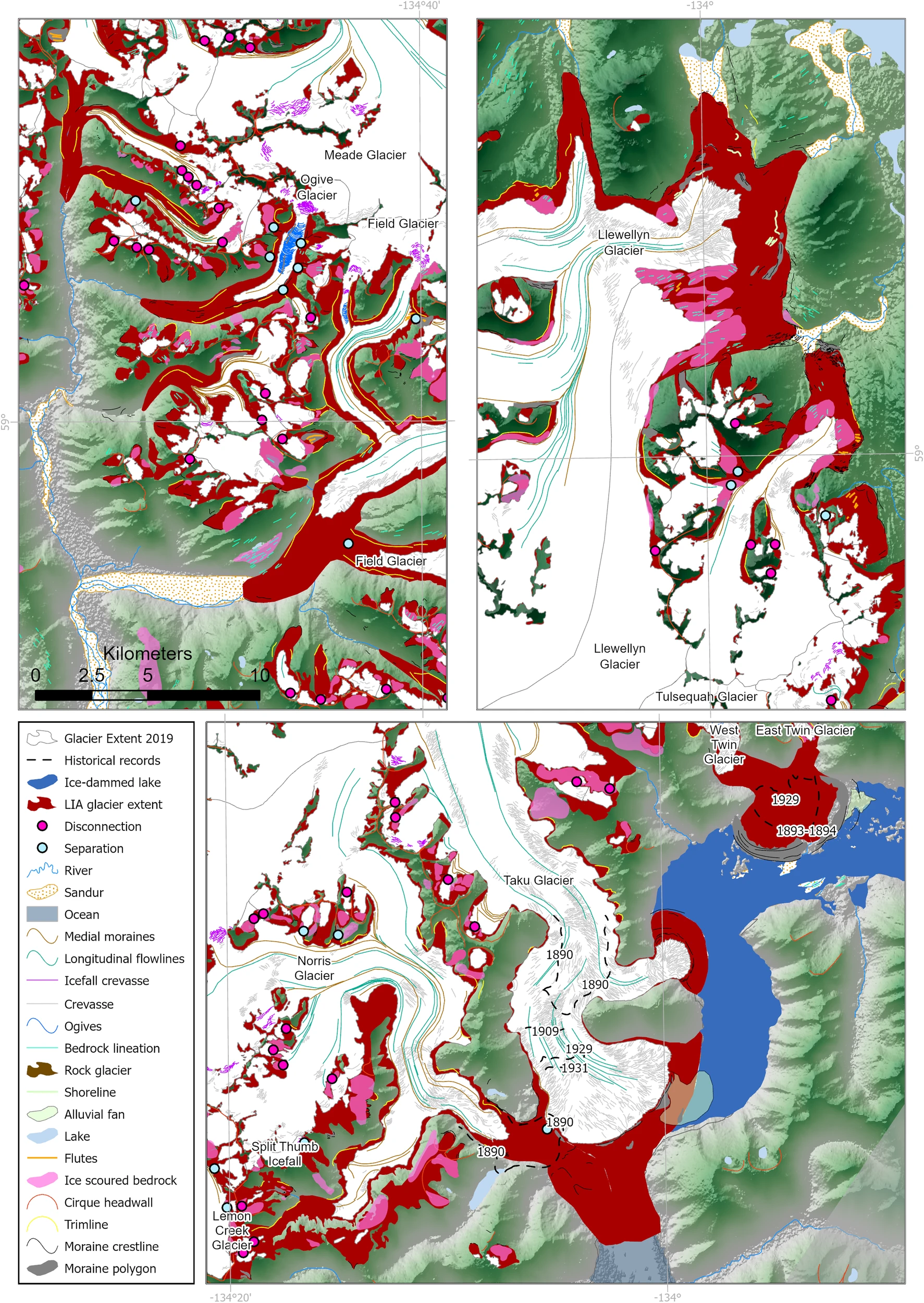 Map showing geomorphological data and icefield reconstruction of the Juneau Icefield for the “Little Ice Age” (LIA) maximum. Graphic: Davies, et al., 2024 / Nature Communications