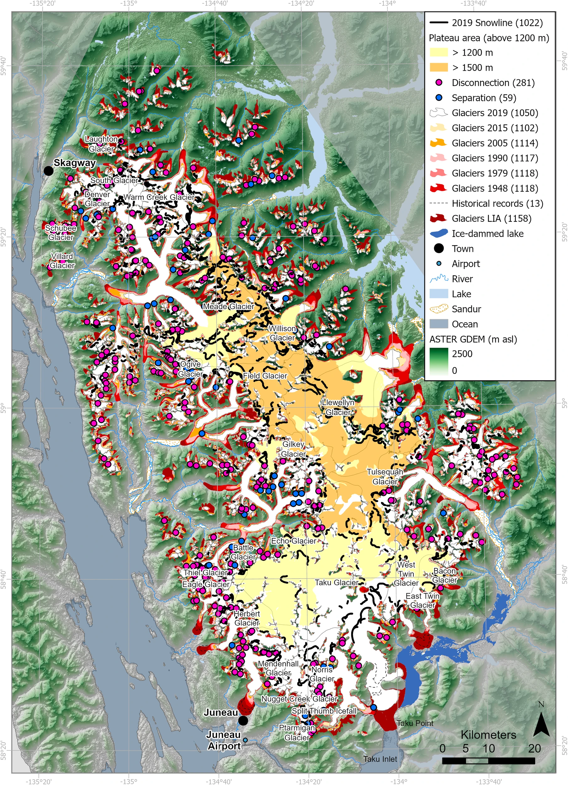 Glacier area change for Juneau Icefield, LIA (“Little Ice Age”) to 2019 AD. Number of glaciers in each time slice is shown in the legend in brackets. Late summer snowline for 2019 AD is shown. Historical recorded glacier extents are available for Eagle Glacier, Herbert Glacier, Mendenhall Glacier, Taku Glacier, and East and West Twin Glaciers. Graphic: Davies, et al., 2024 / Nature Communications