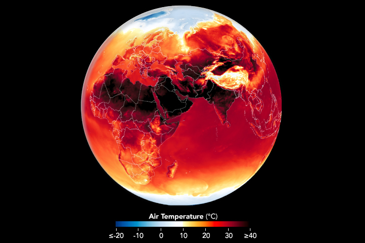 Map showing surface air temperature in Africa, Europe, Southwest Asia, and India on 25 June 2024. Heat waves rolled through parts of Europe, the Middle East, and South Asia, leaving vulnerable populations at risk. Data: GEOS data from the Global Modeling and Assimilation Office at NASA GSFC. Graphic: Lauren Dauphin / NASA Earth Observatory