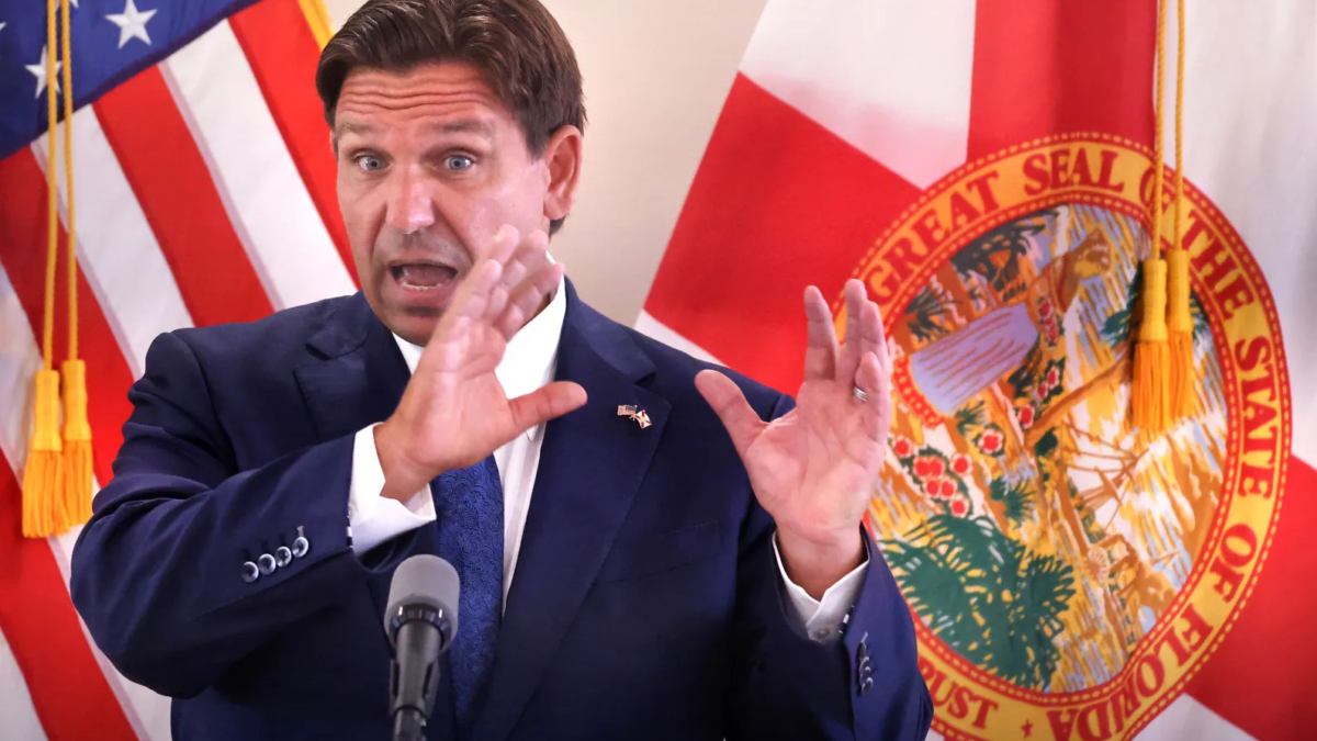 Florida governor Ron DeSantis delivers remarks in Umatilla, Florida,Tuesday, 25 June 2024, during a visit to tout the state’s infrastructure grants program. In May 2024, DeSantis signed a bill that stripped the phrase “climate change” from much of Florida law, reversing 16 years of state policy and, critics said, undermining Florida’s support of renewable and clean energy. Photo: Joe Burbank / Orlando Sentinel