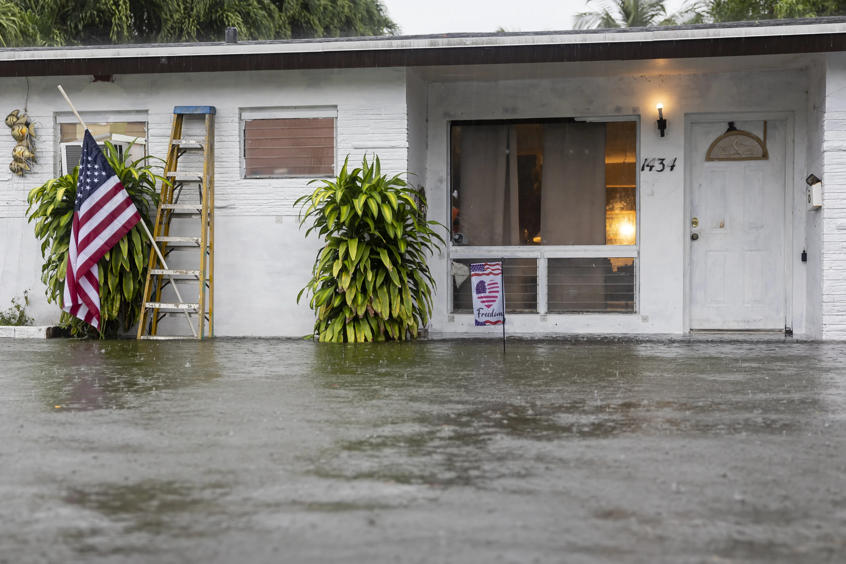 Water seeps into Sam Demarco’s home as a heavy downpour floods his neighborhood on Wednesday, 12 June 2024, in Hollywood, Florida. Photo: Matias J. Ocner / Miami Herald / AP