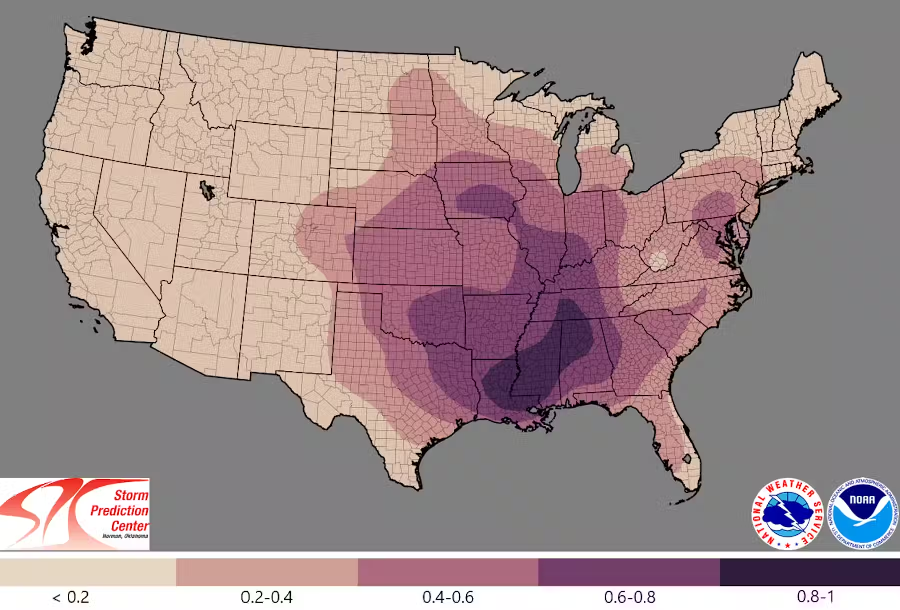 Map showing average number of days per year with a tornado registering EF1 strength or greater within 25 miles of each point. The map shows Tornado Alley’s shift eastward. The period covered in 1986 to 2015. Graphic: NOAA Storm Prediction Center