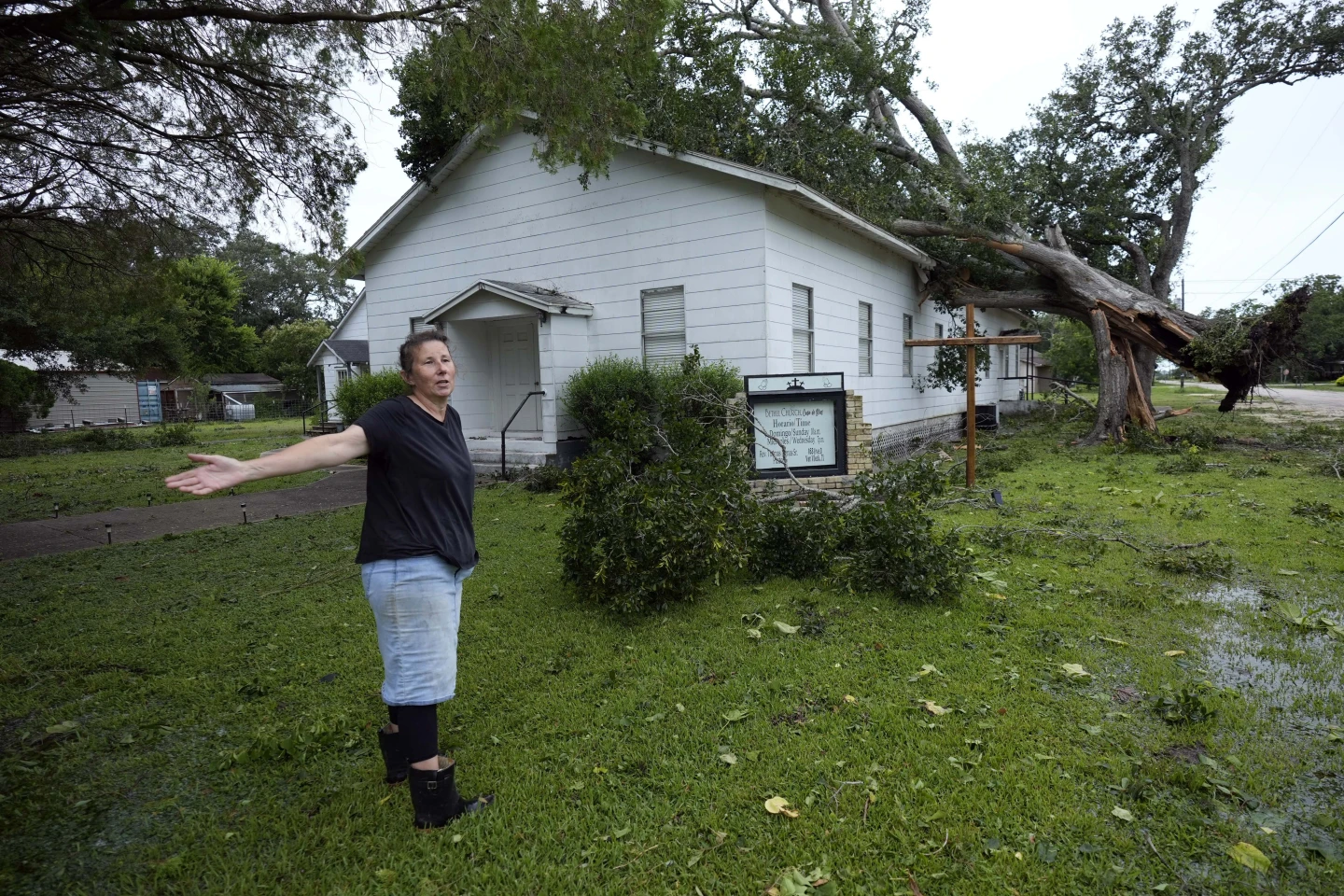 Ann McCauley examines the damage at Bethel Church after Hurricane Beryl moved through the area, Monday, 8 July 2024, in Van Vleck, Texas. Photo: Eric Gay / AP Photo