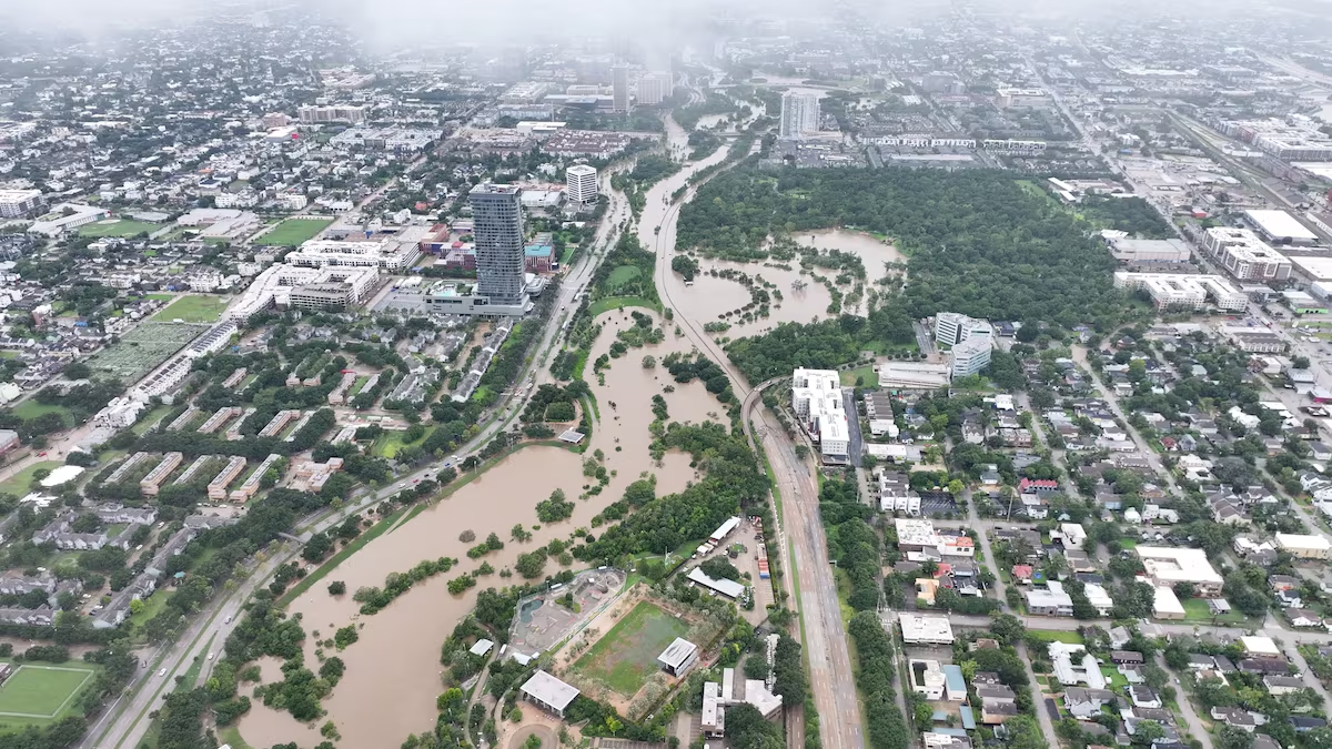 A drone view shows a flooded area, in the aftermath of Hurricane Beryl, in Houston, Texas, 8 July 2024, in this screen grab taken from a social media video. @cjblain10 / X / REUTERS