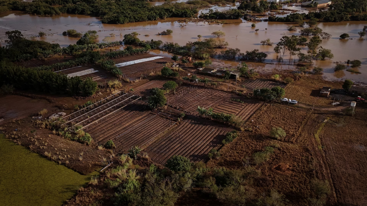 A drone view shows the flooded plantations, houses and streets of the Integracao Gaucha settlement in Eldorado do Sul, Rio Grande do Sul state, Brazil, 17 May 2024. Photo: Amanda Perobelli / REUTERS