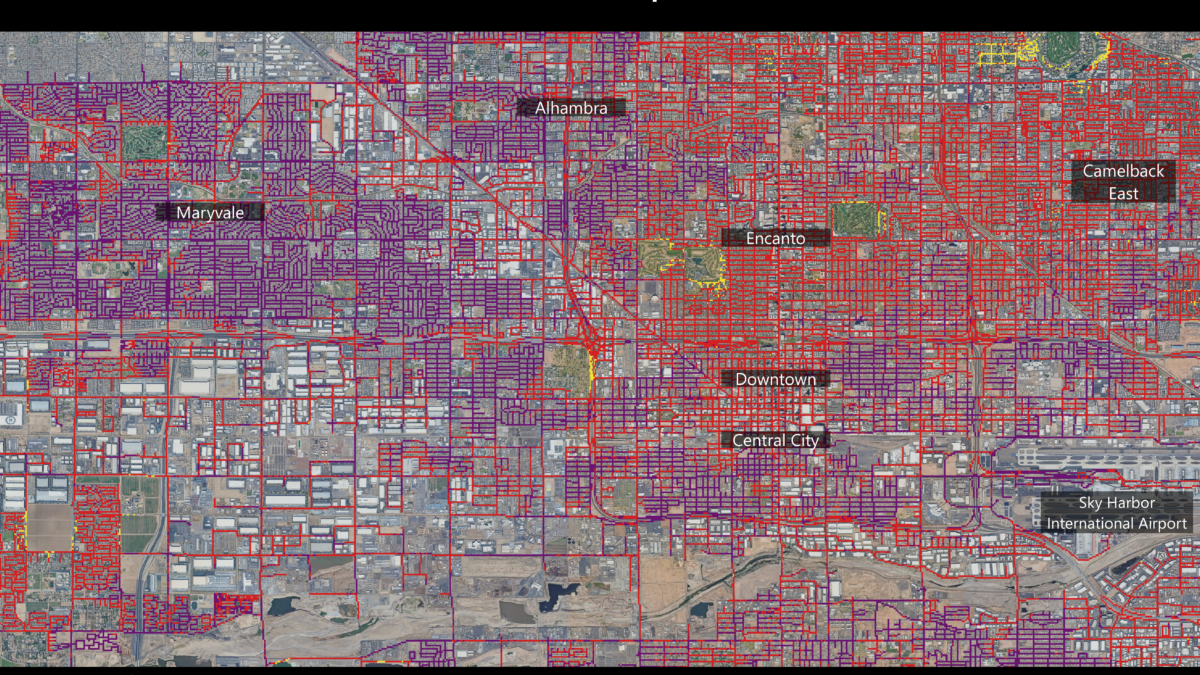 NASA’s ECOSTRESS instrument on 19 June 2024 recorded scorching roads and sidewalks across Phoenix, where contact with skin could cause serious burns in minutes to seconds, as indicated in the legend. Graphic: NASA / JPL-Caltech