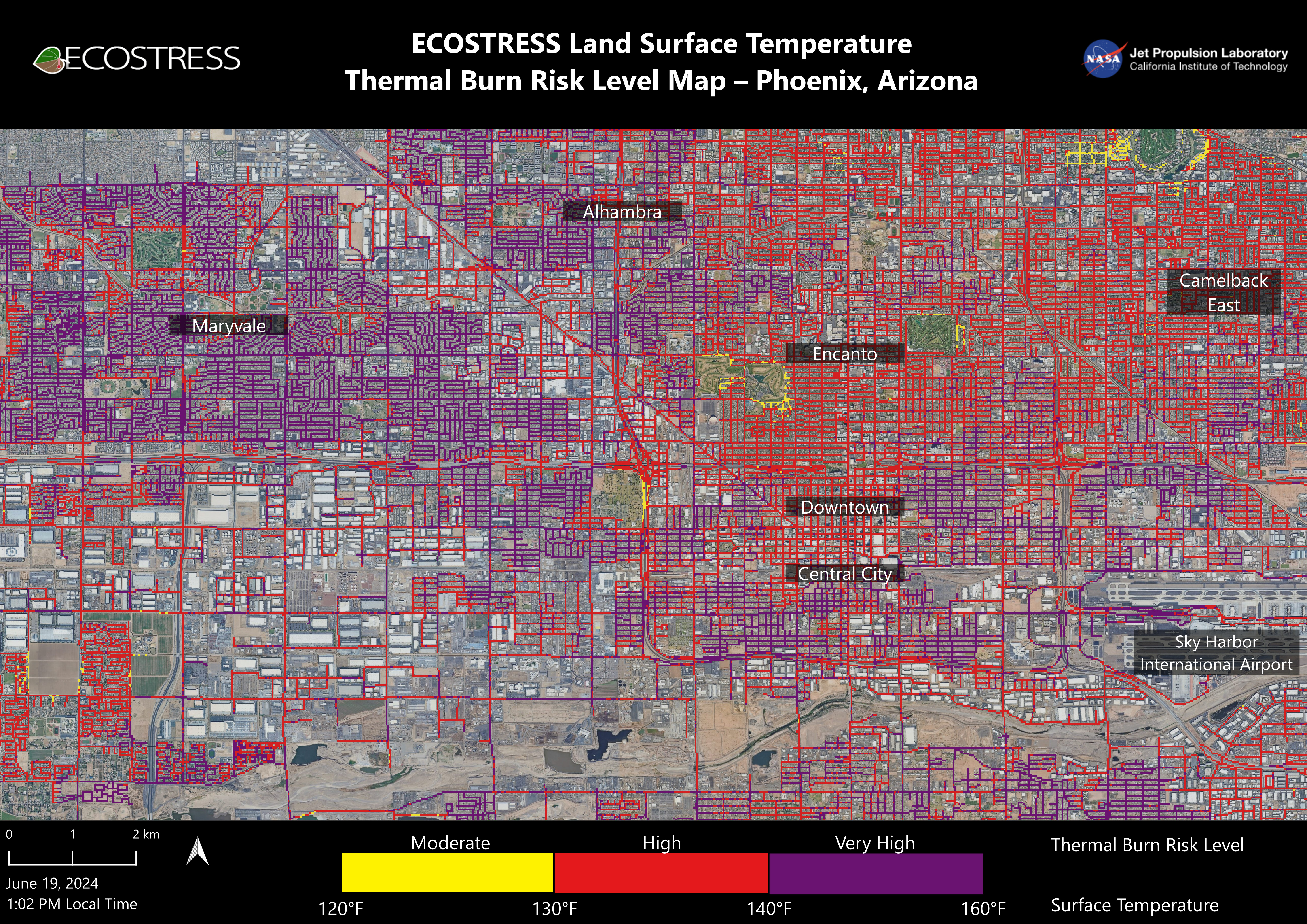 NASA’s ECOSTRESS instrument on 19 June 2024 recorded scorching roads and sidewalks across Phoenix, where contact with skin could cause serious burns in minutes to seconds, as indicated in the legend. Graphic: NASA / JPL-Caltech