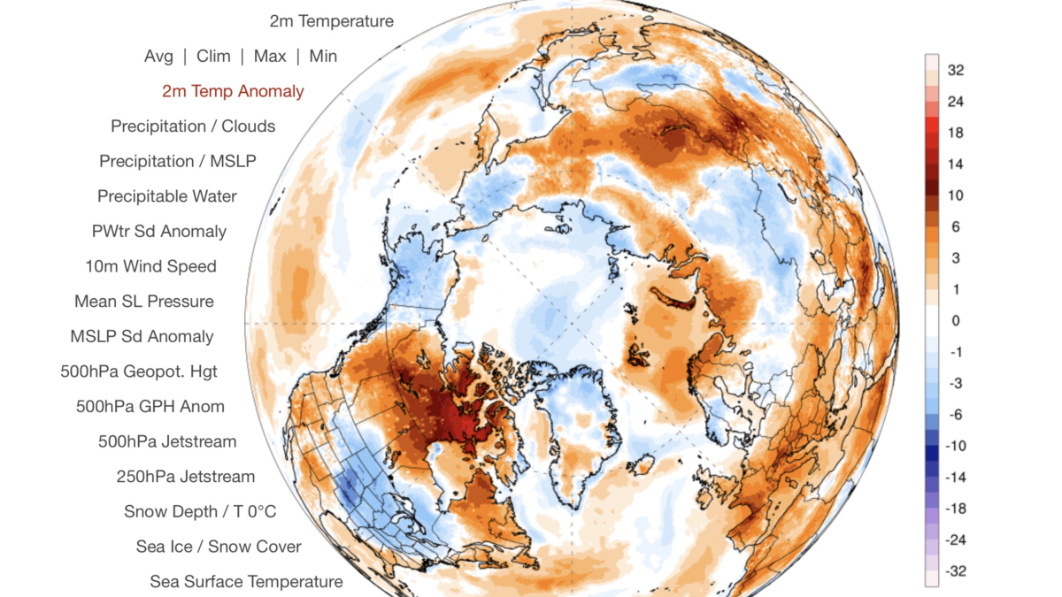 Map showing the 2m temperature anomaly in the Arctic on 11 August 2024. Thierry Goose observed new monthly records were set in Nunavut: 30.7°C Arviat (previous record was 30.4°C on 1 August 1985) and 30.6°C Chesterfield Inlet (previous record was 28.7°C on 3 August 2020). Graphic: Climate Change Institute / University of Maine