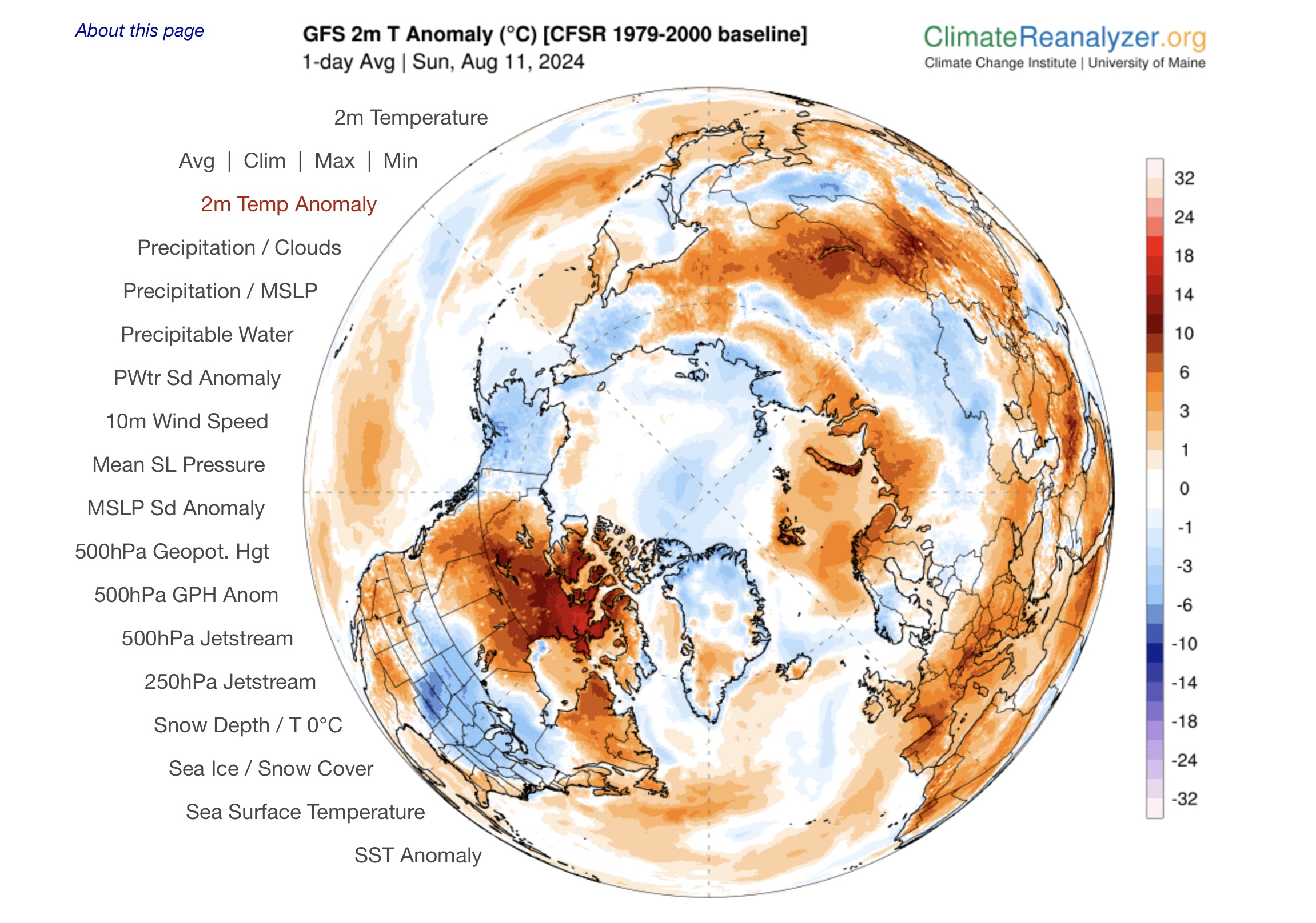 Map showing the 2m temperature anomaly in the Arctic on 11 August 2024. Thierry Goose observed new monthly records were set in Nunavut: 30.7°C Arviat (previous record was 30.4°C on 1 August 1985) and 30.6°C Chesterfield Inlet (previous record was 28.7°C on 3 August 2020). Graphic: Climate Change Institute / University of Maine