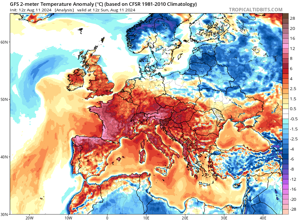 Map showing the 2m temperature anomaly in Europe and around the Mediterranean Sea on 11 August 2024. Climatologist and weather historian Maximiliano Herrera noted a record minimum temperature of 36.0°C at Tindouf, Algeria. In Europe, scorching heat of up to 44°C in Spain, including 43°C in Cantabria, was observed. Temperature records were broken in Soorts Hossegor, France (41.5°C), Biscarosse, France (41.1°C), Chassiron, France (35.9°C), San Sebastian, Spain (41.7°C), Ponza, Italy (37.2°C), and Dobbiaco, Italy (31.8°C). Graphic: TropicalTidbits.com