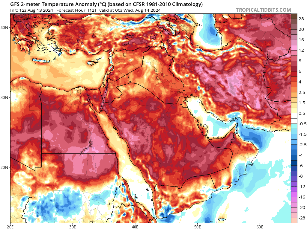 Map showing 2m temperature anomalies in Iran on 14 August 2024. Climatologist and weather historian Maximiliano Herrera noted all-time record mountain temperatures of
49.5°C at Tabas (711m above sea level), 48.3°C at Khor (842m), and 44.1°C on Birjand (1491m). Graphic: TropicalTidbits.com