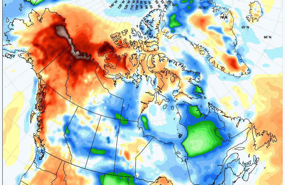 Map showing CDAS temperature anomaly reanalysis in North America and Greenland during the second week of August 2024. Temperatures up to 20 or 30 degrees above average for a full day were common in parts of the Arctic and northern Canada in 2024. Graphic: WeatherBell