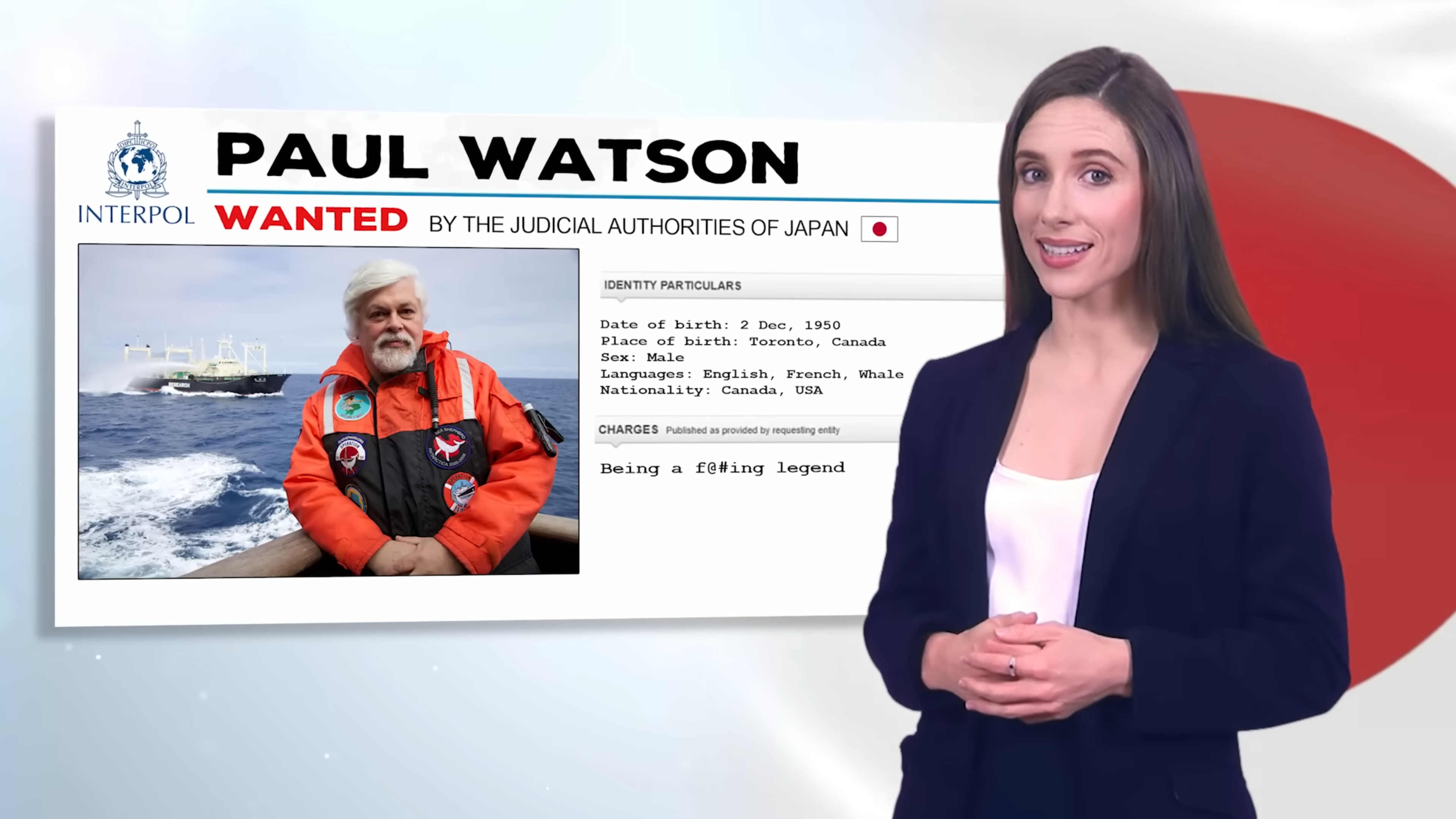 Screenshot from The Juice Media video, “Honest Government Ad | Japan vs Paul Watson 🐋🇯🇵”, showing details about Captain Paul Watson, such as “Charges: Being a fucking legend”. Photo: The Juice Media