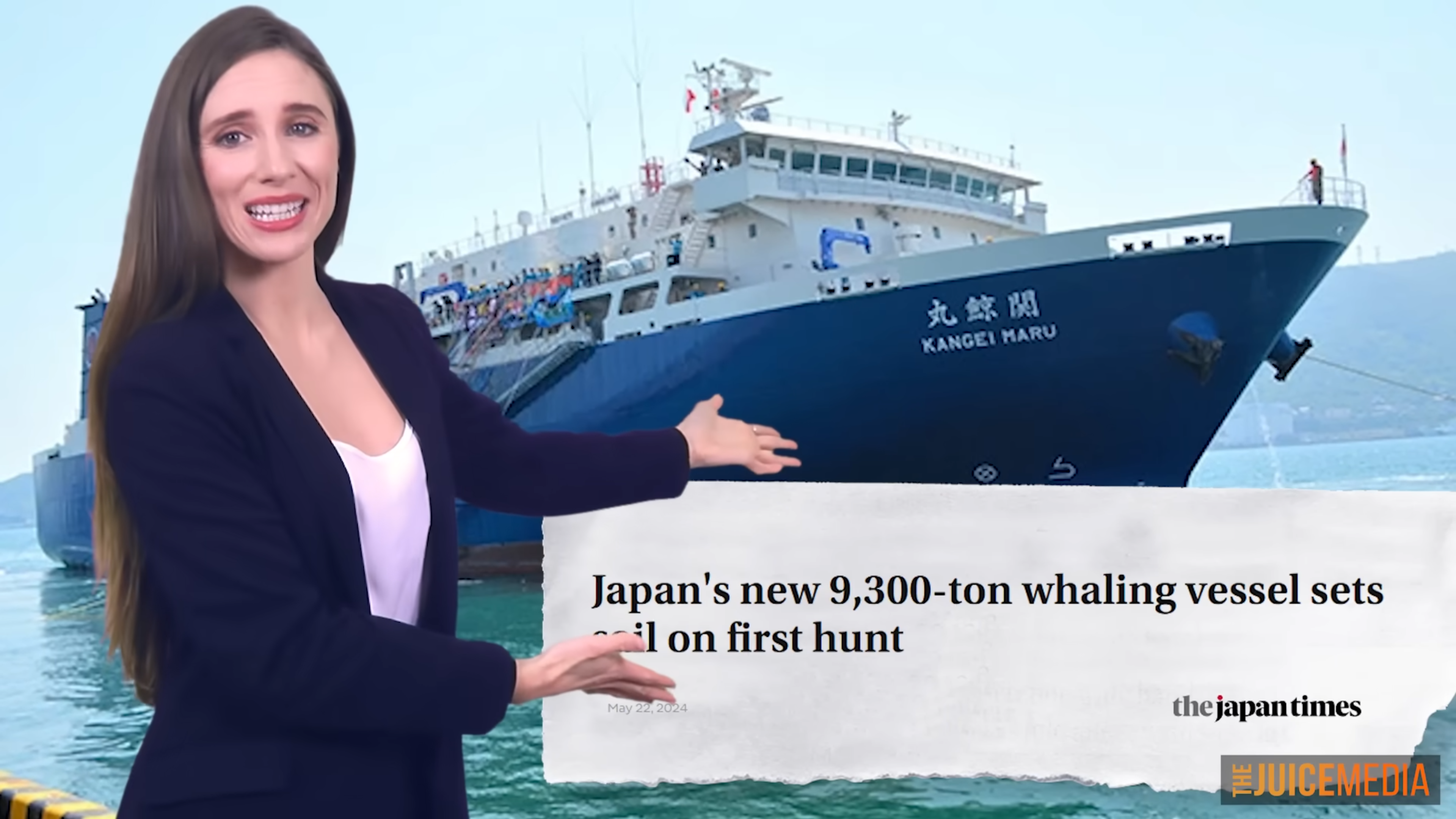 Screenshot from The Juice Media video, “Honest Government Ad | Japan vs Paul Watson 🐋🇯🇵”, showing the Kangei Maru, Japan’s newest whale-killing machine, on its way to illegally slaughter whales in the Southern Ocean Whale Sanctuary. Photo: The Juice Media