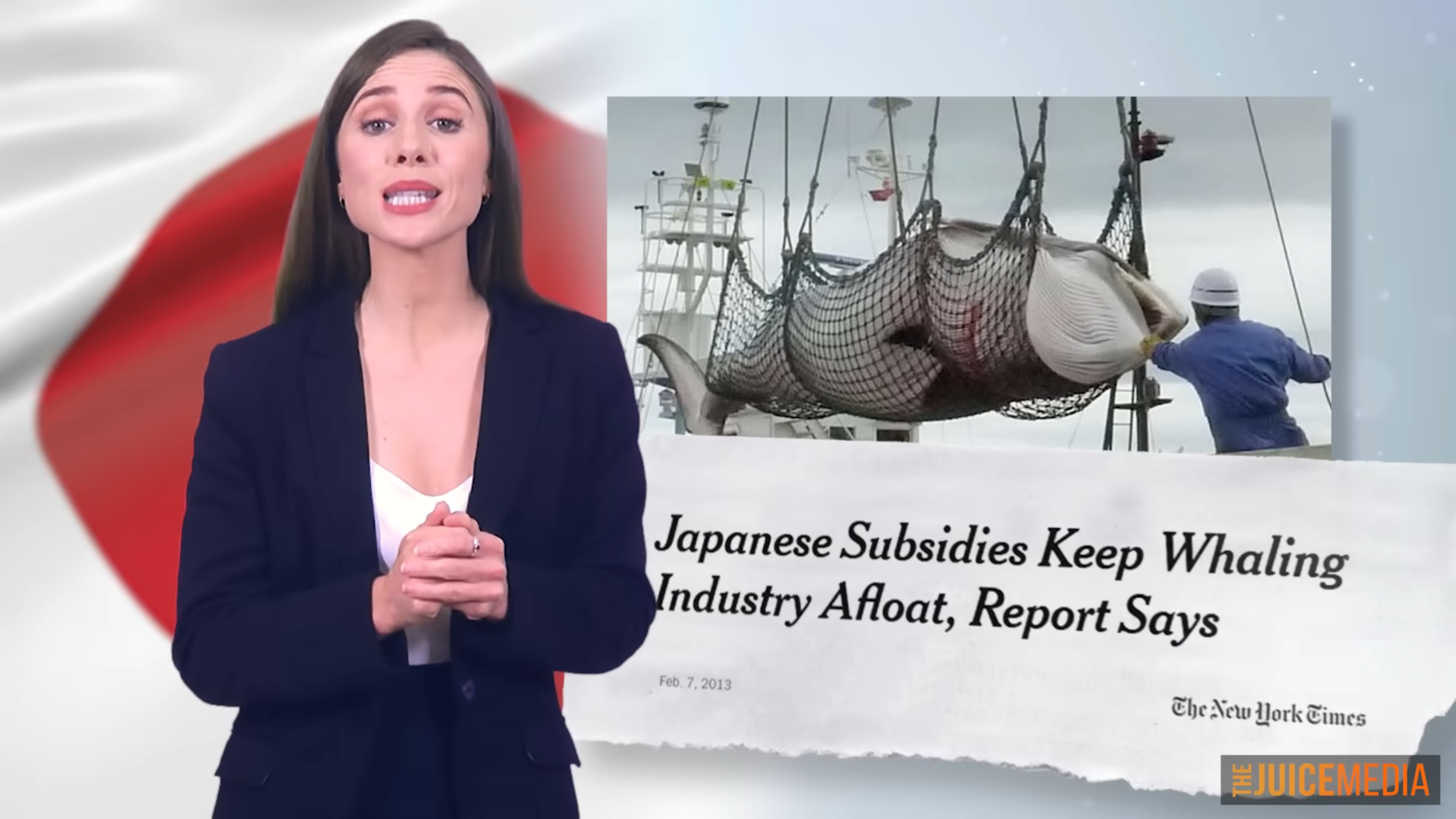 Screenshot from The Juice Media video, “Honest Government Ad | Japan vs Paul Watson 🐋🇯🇵”, showing a New York times headline from 7 February 2013 that reads, “Japanese Subsidies Keep Whaling Industry Afloat, Report Says” next to an illegally slaughtered whale. Photo: The Juice Media