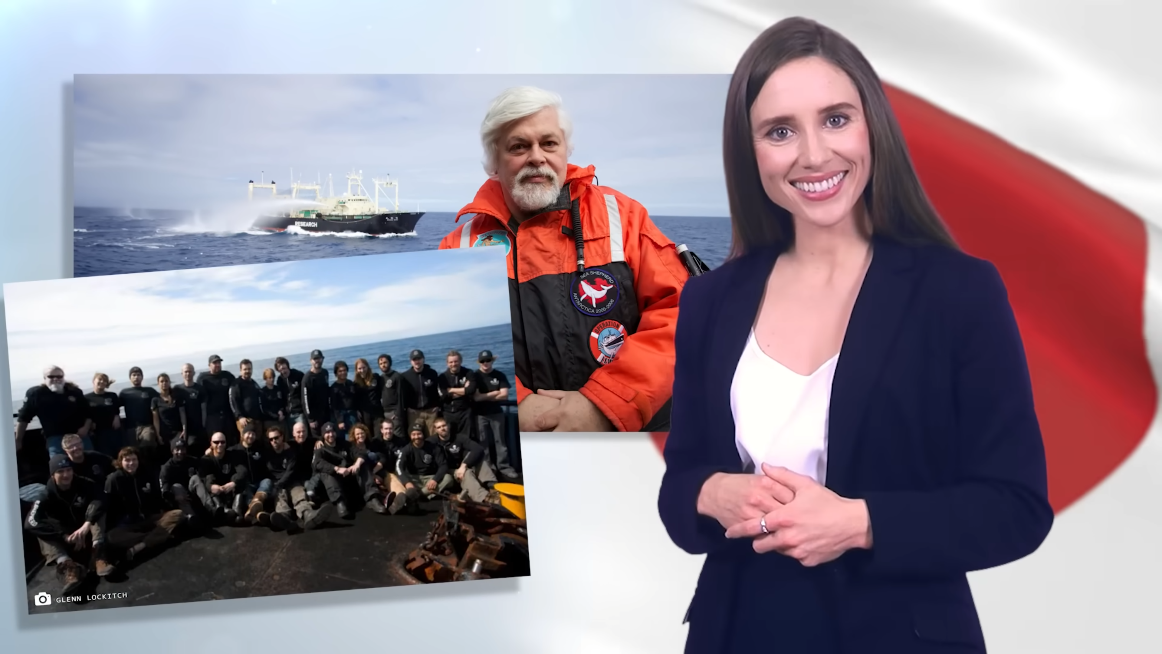 Screenshot from The Juice Media video, “Honest Government Ad | Japan vs Paul Watson 🐋🇯🇵”, showing Captain Paul Watson and one the crews that helped interfere with illegal Japanese whaling in the Southern Ocean Whale Sanctuary. Crew photo: Glenn Lockitch. Photo: The Juice Media