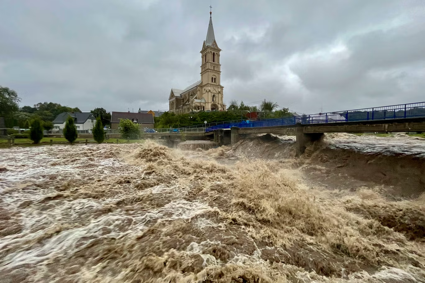 A torrent of water flows through the river Bela, in southern Poland during heavy rain, 16 September 2024. Photo: Getty Images