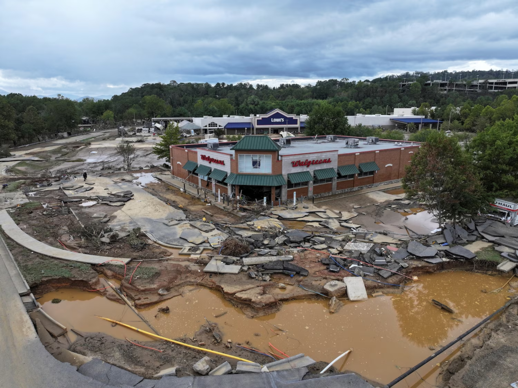 Aerial view of damage to a Walgreens following the passing of Hurricane Helene, in Asheville, North Carolina, 29 September 2024. Photo: Marco Bello / Reuters