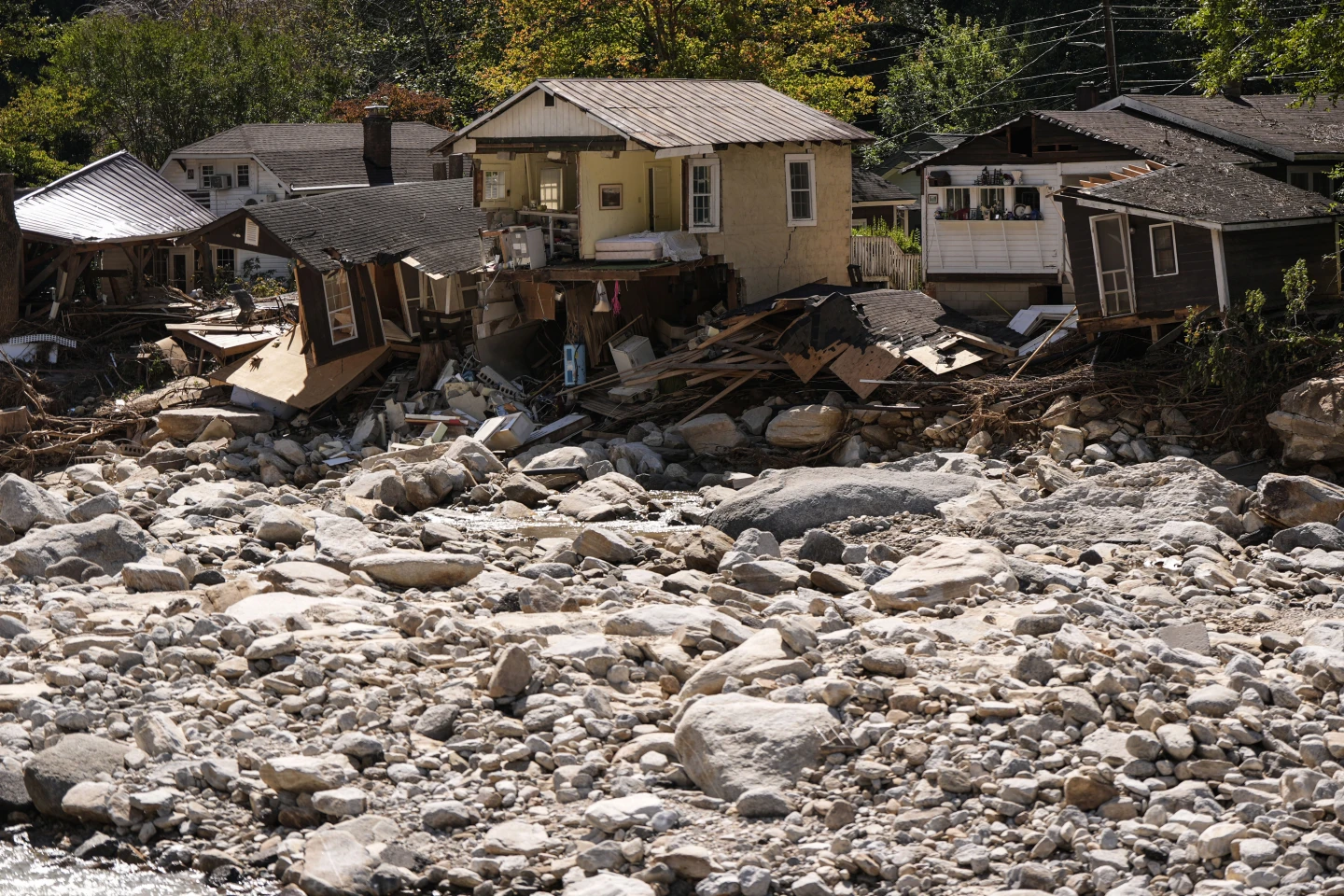 Wrecked homes are seen in the aftermath of Hurricane Helene, Wednesday, 2 October 2024, in Chimney Rock Village, N.C. Photo: Mike Stewart / AP Photo