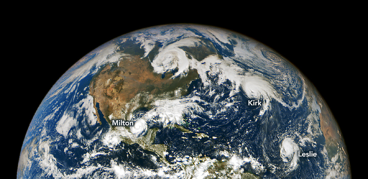 Satellite view of three hurricanes simultaneously spinning over the North Atlantic Ocean, 6 October 2024. This image shows the three storms—Milton, Kirk, and Leslie—at about 12 p.m. Central Time (17:00 Universal Time). It was captured as Milton was developing in the southwestern Gulf of Mexico, about an hour before it became a hurricane. This was the first-known hurricane season to see three hurricanes simultaneously present in the basin after September. Photo: Michala Garrison / NASA Earth Observatory