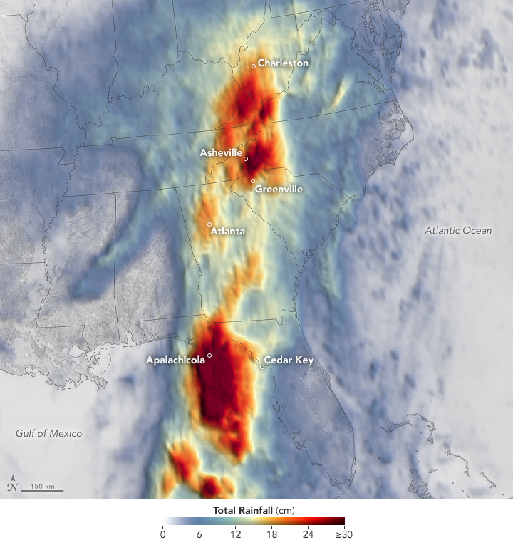 This map shows rainfall accumulation over the three-day period ending at 7:59 p.m. Eastern Time (23:59 Universal Time) on 27 September 2024. These data are remotely sensed estimates that come from IMERG (the Integrated Multi-Satellite Retrievals for GPM), a product of the GPM (Global Precipitation Measurement) mission, and may differ from ground-based measurements. For instance, IMERG data are averaged across each pixel, meaning that rain-gauge measurements within a given pixel can be significantly higher or lower than the average. In Asheville, North Carolina, a total of 13.98 inches (35.52 centimeters) of rain fell from September 25 to 27, according to National Weather Service records. The storm swamped neighborhoods, damaged roads, caused landslides, knocked out electricity and cell service, and forced many residents to evacuate to temporary shelters. Record flood crests were observed on multiple rivers in the state. Flooding was widespread across the southern Appalachians; preliminary rainfall totals neared or exceeded 10 inches (25 centimeters) in parts of Georgia, North Carolina, South Carolina, Tennessee, and Virginia. Photo: Lauren Dauphin / NASA Earth Observatory