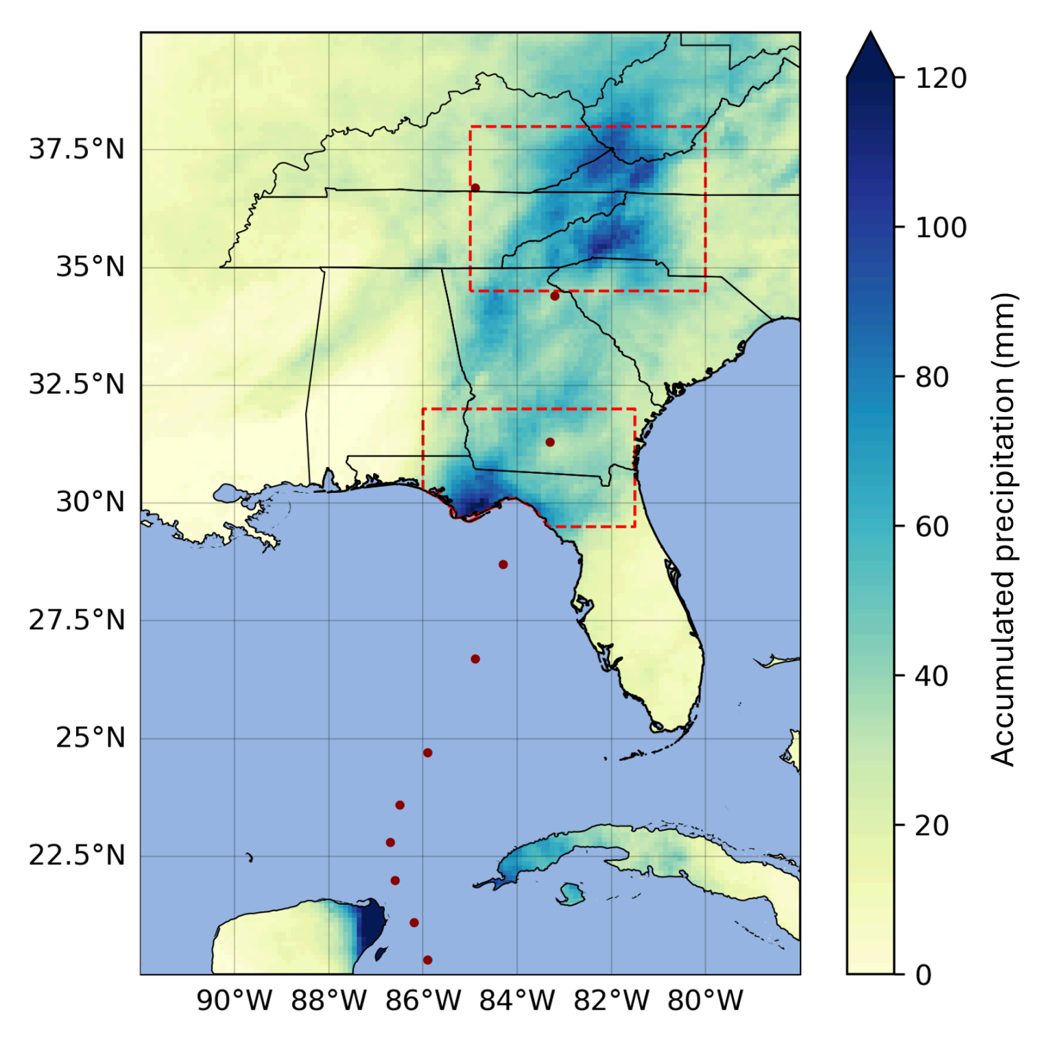 Accumulated precipitation over the southeastern US from 25-27 September 2024. The track of Hurricane Helene is shown as a series of red points, and the red regions are those used for extreme rainfall analysis in section 2 of this report. The borders of the affected states are shown for reference. Data from IMERG. Graphic: World Weather Attribution