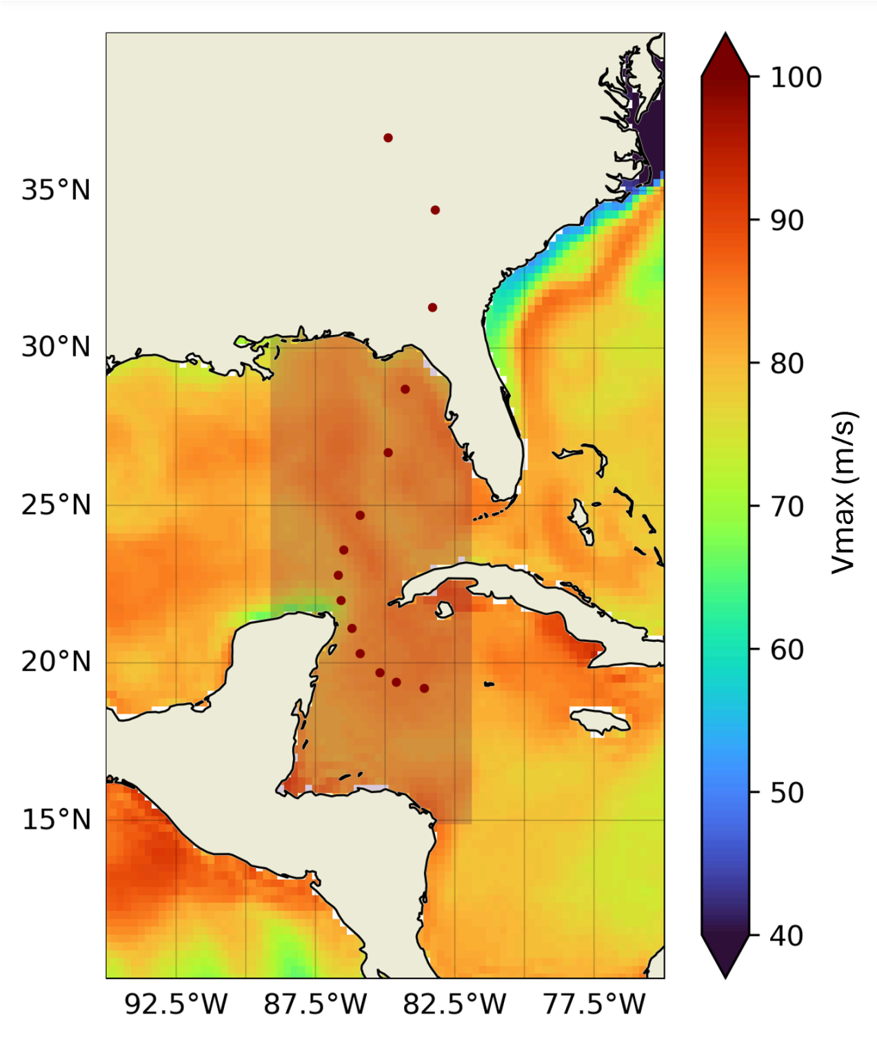 September (1st-27th) mean potential intensity (PI) in the Caribbean sea and Gulf of Mexico. The study region is shaded and the track of Hurricane Helene is shown as red points. Data from ERA5. Graphic: World Weather Attribution