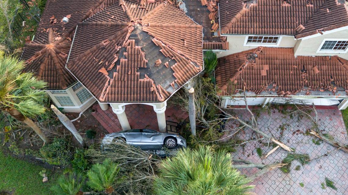 Damage to a home after a tornado ripped through The Preserve development on 10 October 2024 in Wellington, Florida. Photo: Greg Lovett / The Palm Beach Post / USA TODAY Network / Imagn Images