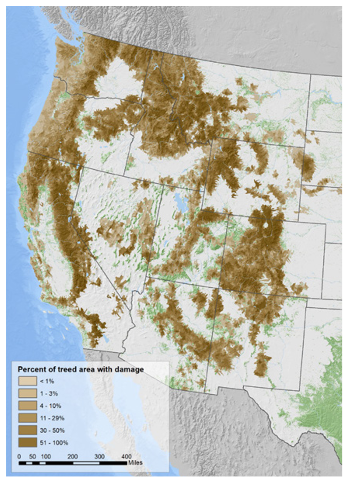 Percentage of area in the North American pine forest with pine damage by watershed in the expanded range of the pine bark beetle infestation, 2000-2020. Graphic: WWF / ZSL