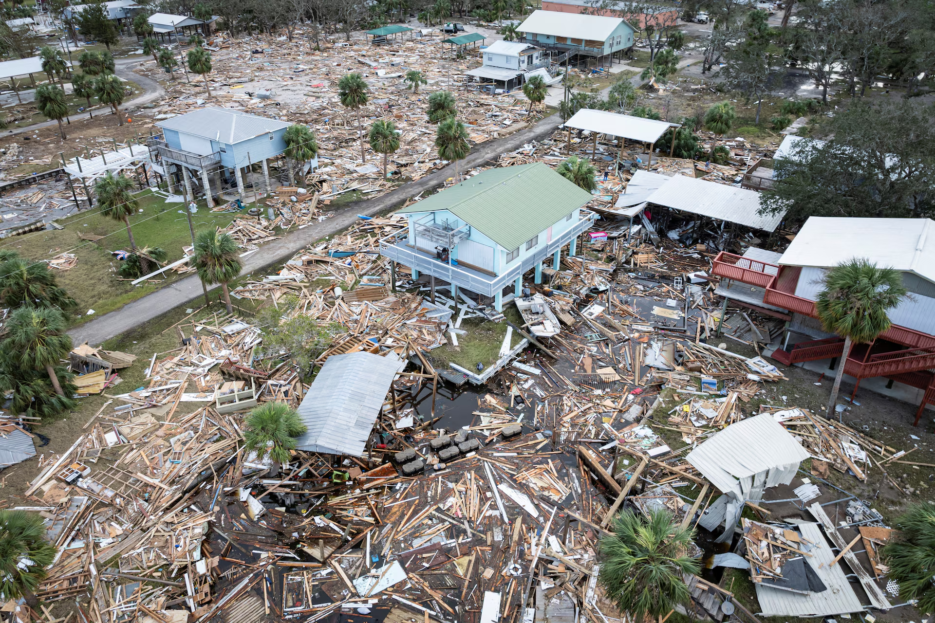 A drone view shows a flooded and damaged area following Hurricane Helene in Horseshoe Beach, Florida, 28 September 2024. Photo: Marco Bello / REUTERS