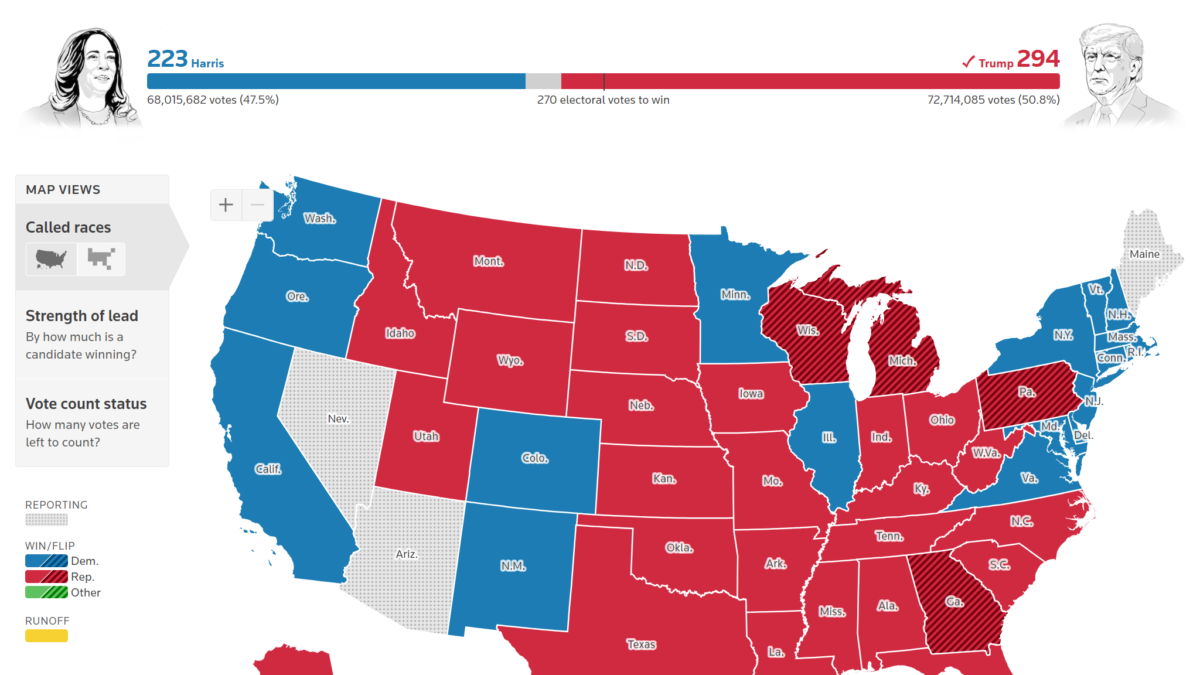 Map showing the results of the disastrous U.S. presidential election, 7 November 2024. Graphic: Reuters