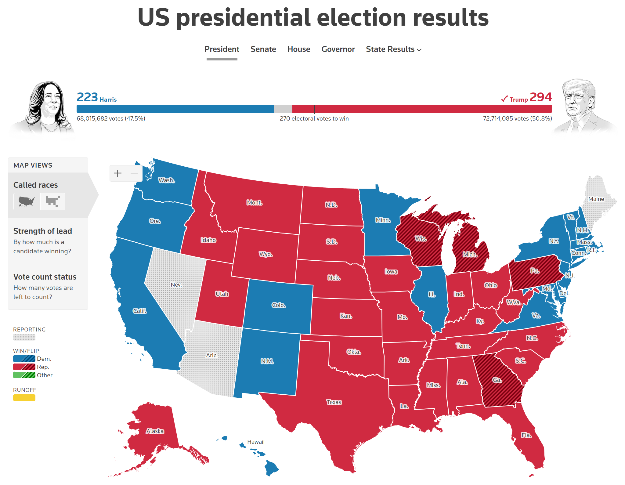 Map showing the results of the disastrous U.S. presidential election, 7 November 2024. Graphic: Reuters